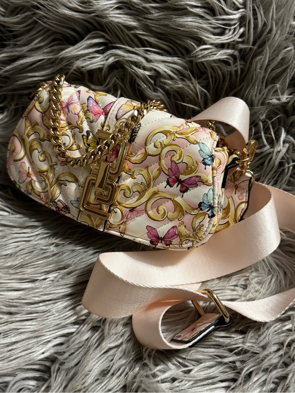 Aldo Pink Quilted Butterfly Crossbody with Gold Chain